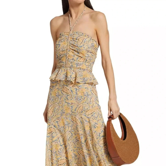 NWT Veronica Beard Silk Arienne Gathered Halterneck Top Yellow and Blue Size 14 - Picture 2 of 13